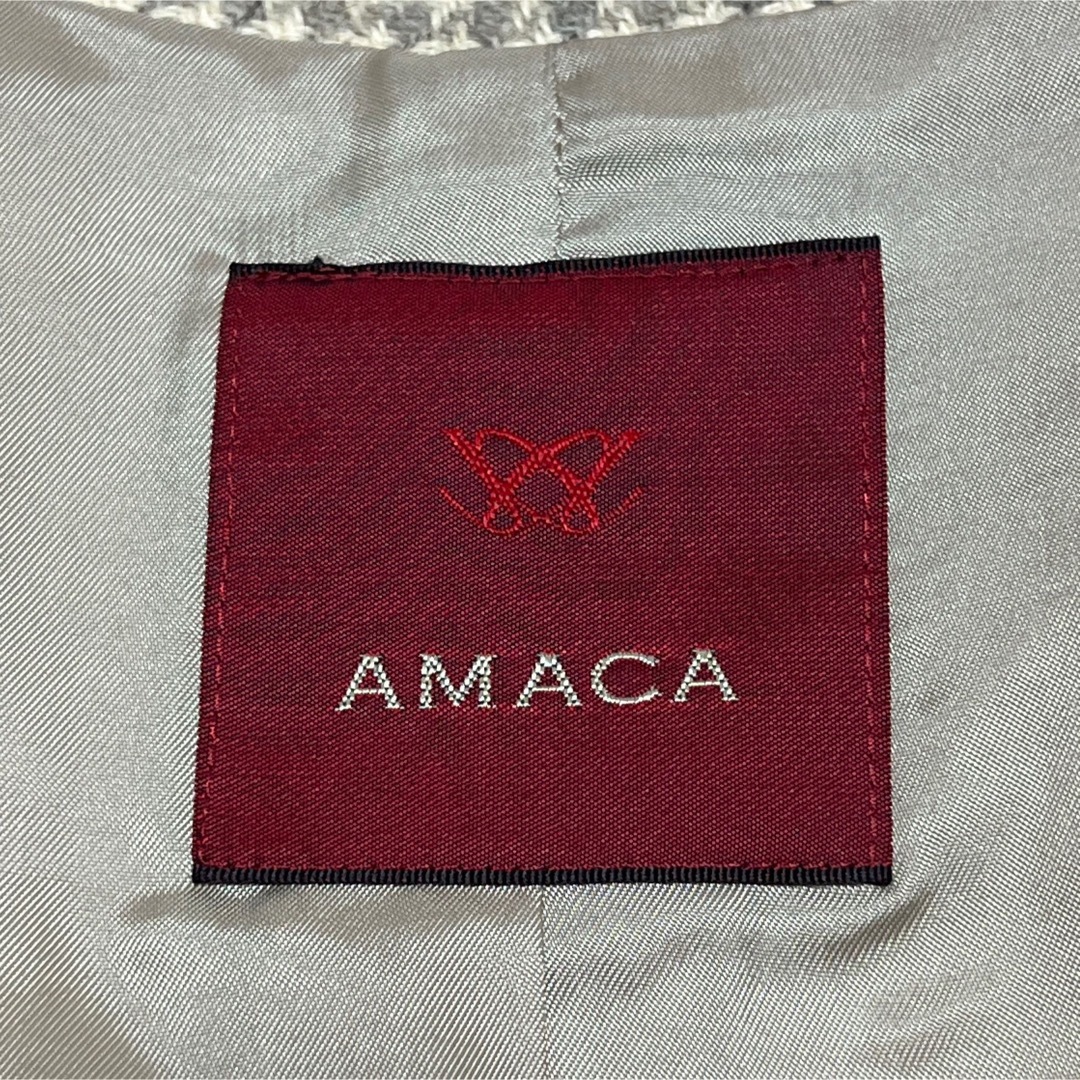 AMACA(アマカ)の上品✨AMACAアマカ✨ノーカラージャケット アウター 40 ベージュ チェック レディースのジャケット/アウター(ノーカラージャケット)の商品写真