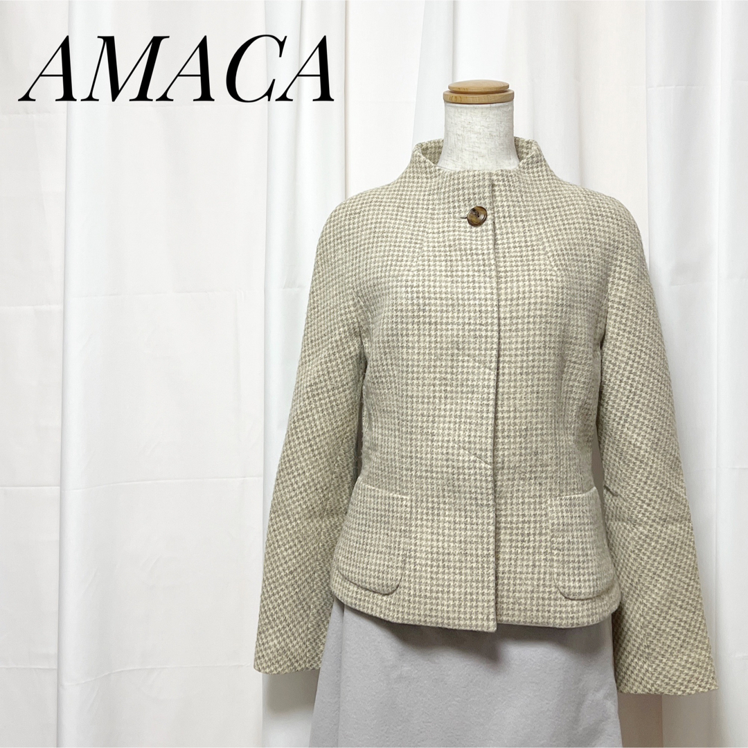 AMACA(アマカ)の上品✨AMACAアマカ✨ノーカラージャケット アウター 40 ベージュ チェック レディースのジャケット/アウター(ノーカラージャケット)の商品写真