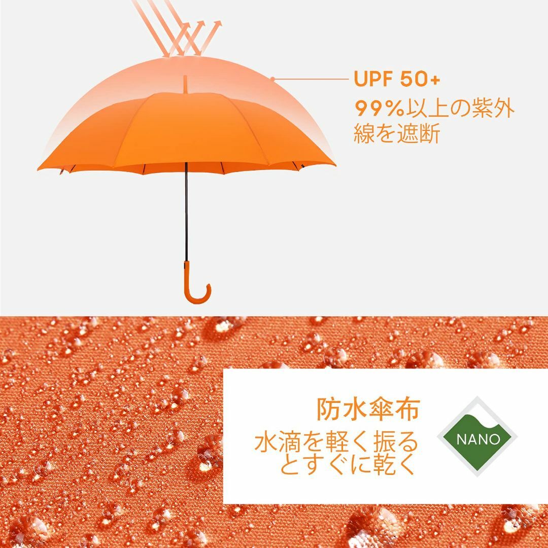 【色:オレンジ】BP SUNNY レディース 長傘 大きい 8本骨 日傘兼用雨傘 3