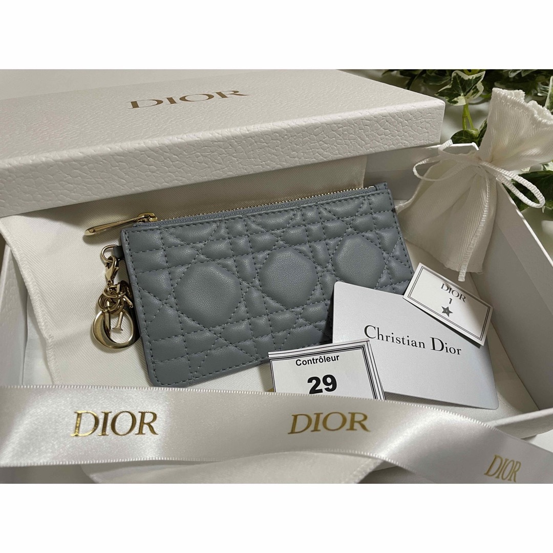 【美品】DIOR カードホルダー  レディディオール ラムスキン　水色　ブルー