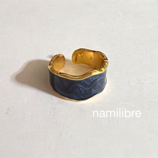 ゴールドリング 金×紺 ラウンドワイド マーブル バイカラー 韓国 指輪④(リング(指輪))