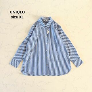 ユニクロ(UNIQLO)の【新品】XLサイズ UNIQLO コットンストライプシャツ 青 長袖(シャツ/ブラウス(長袖/七分))