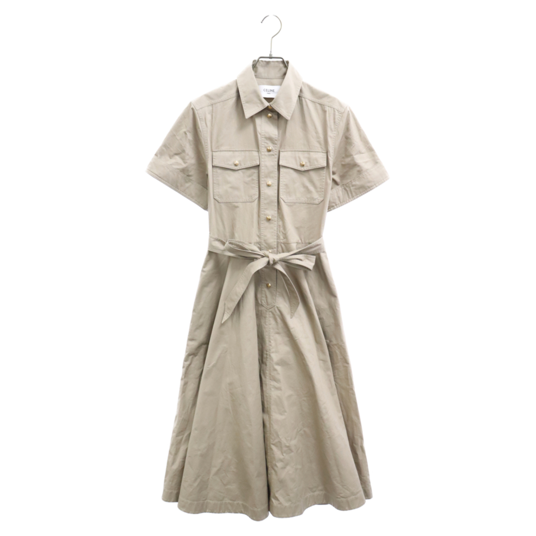 1168センチ身幅CELINE セリーヌ 22SS Safari Shirt Dress サファリ 半袖シャツ ドレス 半袖ロング丈ワンピースベージュ 2R32A204I レディース