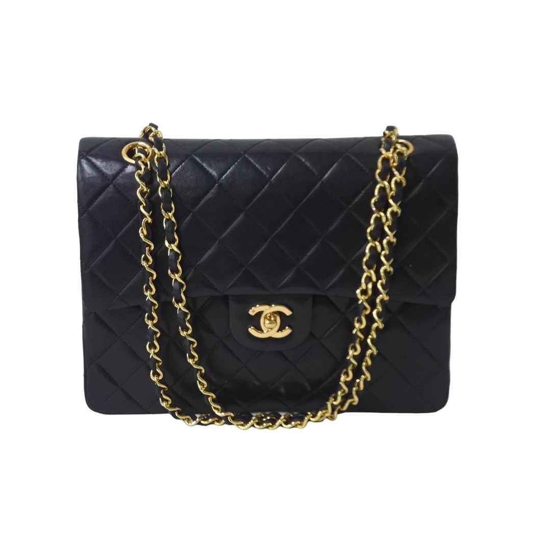 CHANEL シャネル ショルダーバッグ Wフラップ マトラッセ25 チェーンショルダー ブラック ラムスキン ゴールド金具 美品  54864開閉式