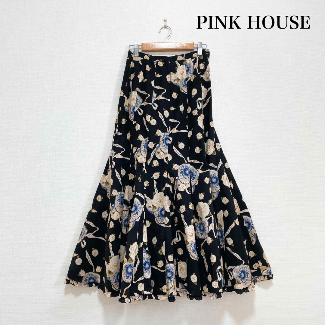 レディースPINK HOUSE ピンクハウス ロングスカート 黒 花柄 コットン