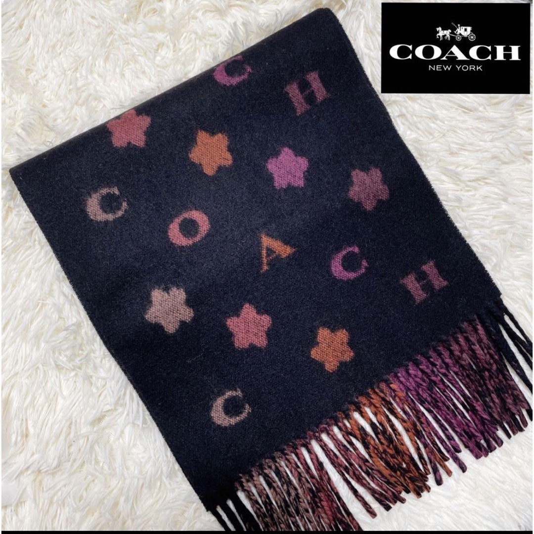 COACH(コーチ)の★極美品★COACH コーチ マフラー ウール リバーシブル フラワー ロゴ レディースのファッション小物(マフラー/ショール)の商品写真