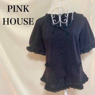 PINK HOUSE ピンクハウス　ブラック　リボン　ブラウス　半袖　フリル