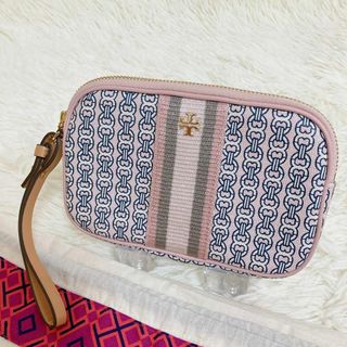 トリーバーチ(Tory Burch)の美品 トリーバーチ ポーチ ジェミニリンク ロゴ 総柄 キャンバス ピンク 金具(ボディバッグ/ウエストポーチ)