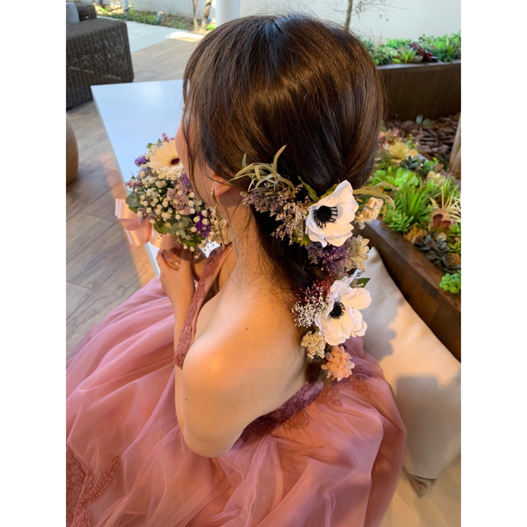 ヘッドドレス～アネモネのピンク～ 髪飾り ドライフラワー ハンドメイドのウェディング(ヘッドドレス/ドレス)の商品写真
