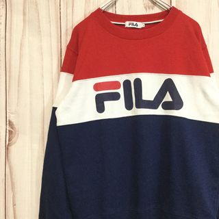 フィラ(FILA)の【フィラ スウェット】 ビッグロゴ ロゴ刺繍 トリコカラー M 赤/青/白 古着(スウェット)