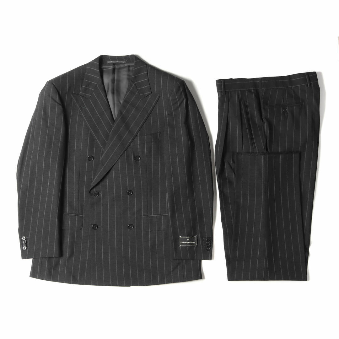 Ermenegildo Zegna エルメネジルドゼニア サイズ:50 ストライプ ウール ダブルブレスト テーラード ジャケット ツータック スラックス パンツ スーツ セットアップ グレー スイス製 【メンズ】【美品】セットアップ