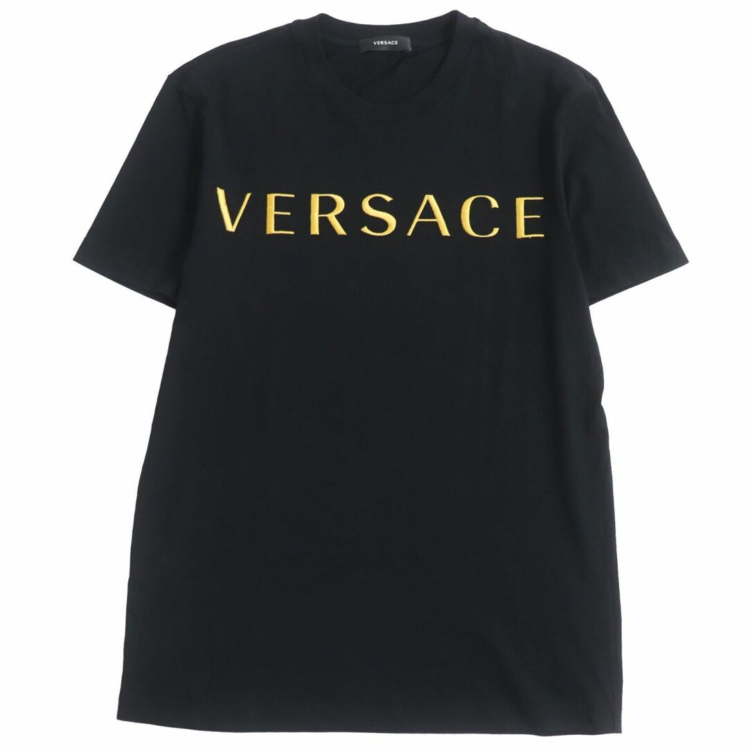 美品□2022年製 VERSACE/ヴェルサーチ A87021S ロゴエンブロイダリー コットン100％ 半袖Tシャツ/カットソー ブラック S 正規品 メンズ