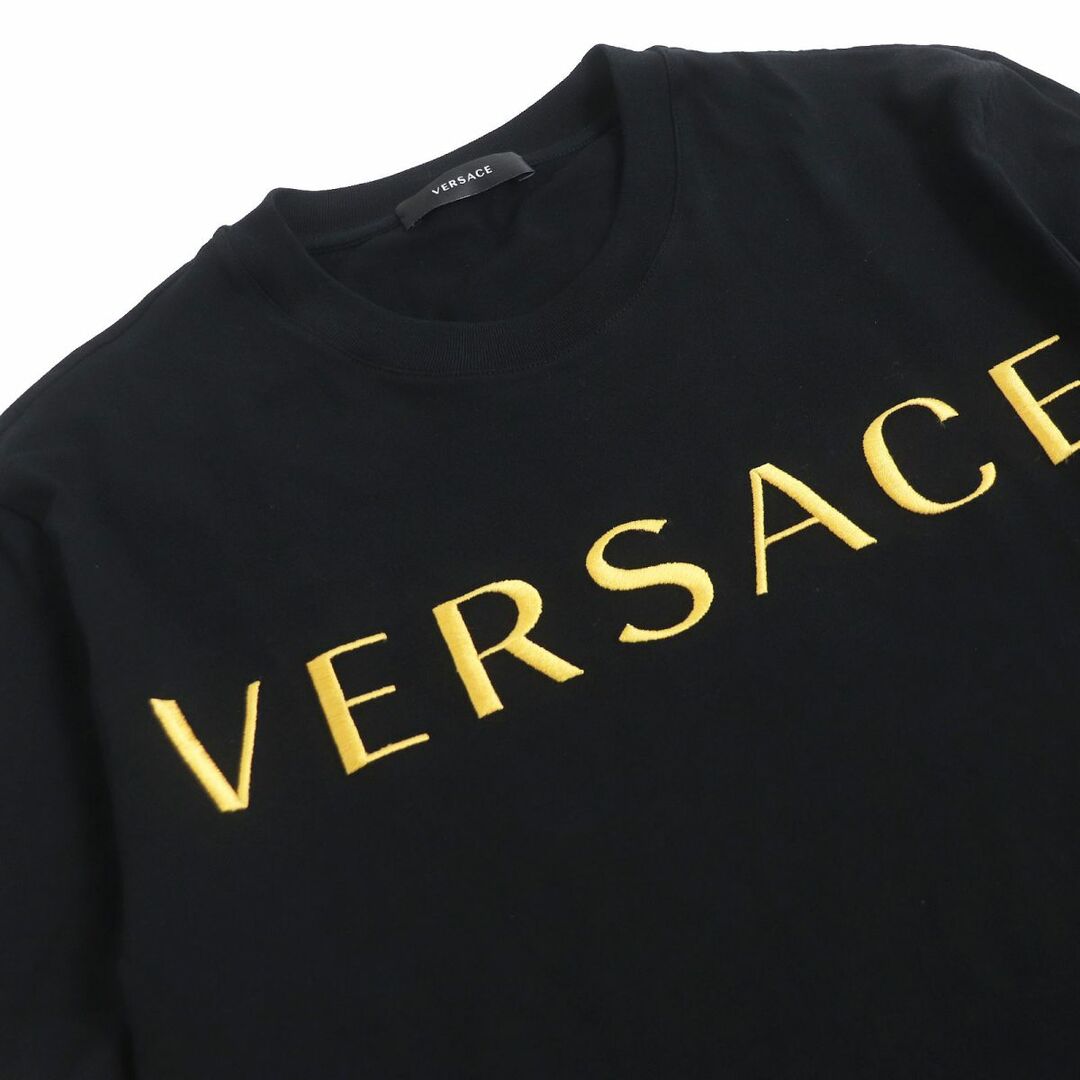 美品□2022年製 VERSACE/ヴェルサーチ A87021S ロゴエンブロイダリー コットン100％ 半袖Tシャツ/カットソー ブラック S  正規品 メンズ