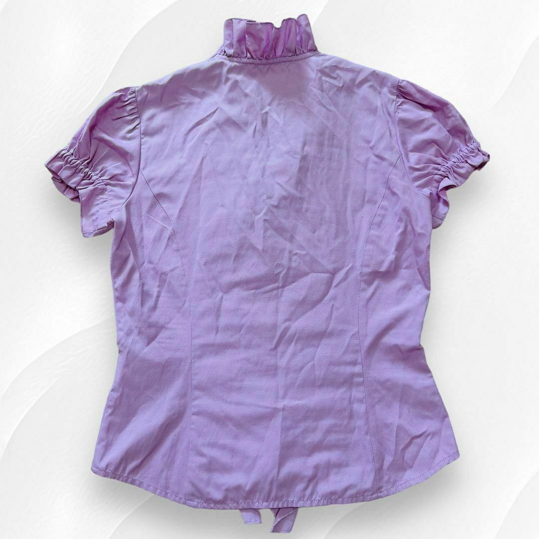 NARACAMICIE(ナラカミーチェ)のナラカミーチェ フリルブラウス ギャザー 半袖 斜めストライプ パープル 0 レディースのトップス(シャツ/ブラウス(半袖/袖なし))の商品写真
