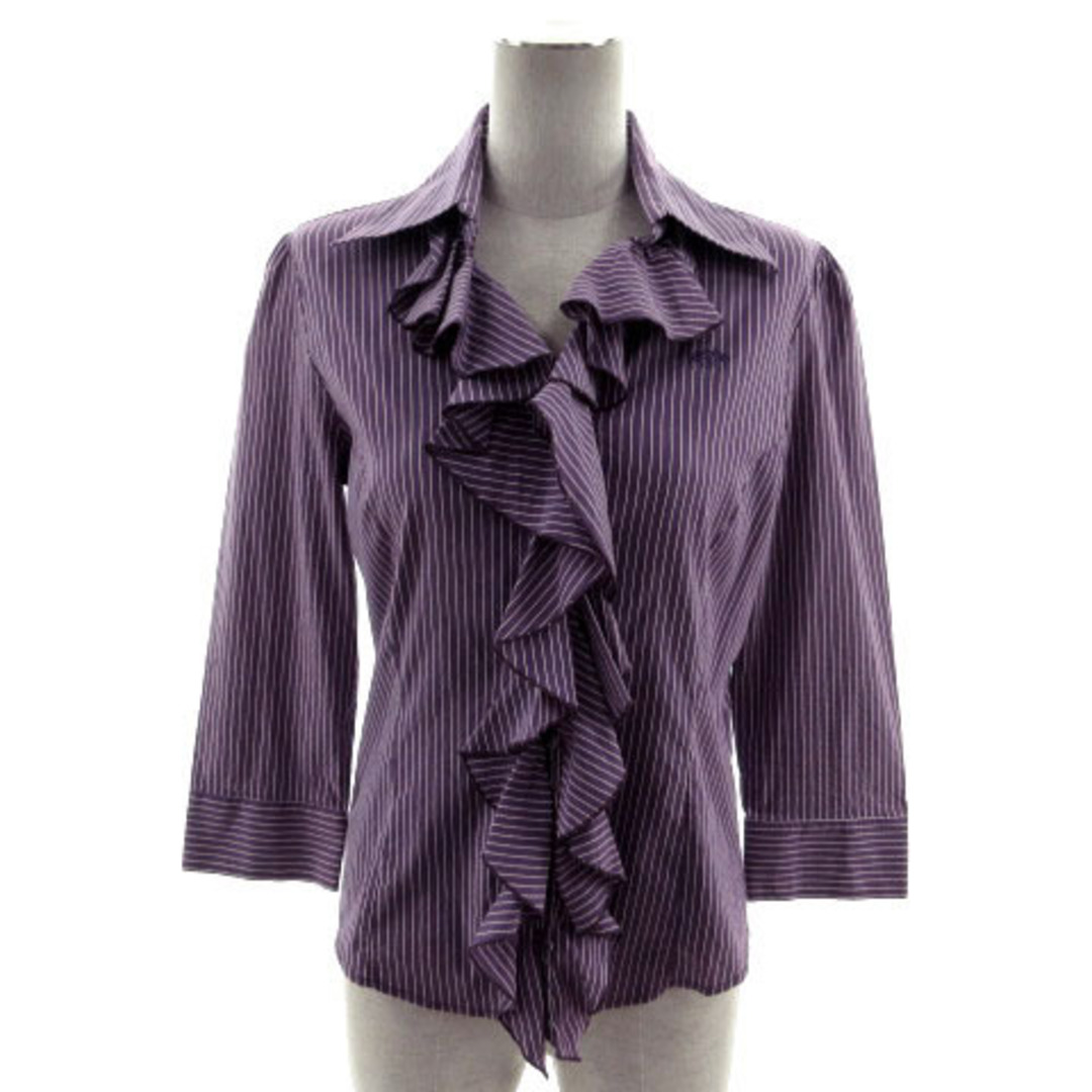 ナラカミーチェ シャツ スキッパー フリル 七分袖 刺繍 ストライプ 紫 白 2