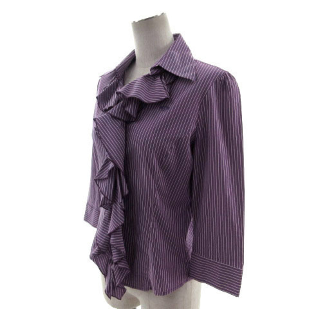 ナラカミーチェ シャツ スキッパー フリル 七分袖 刺繍 ストライプ 紫 白 2 5