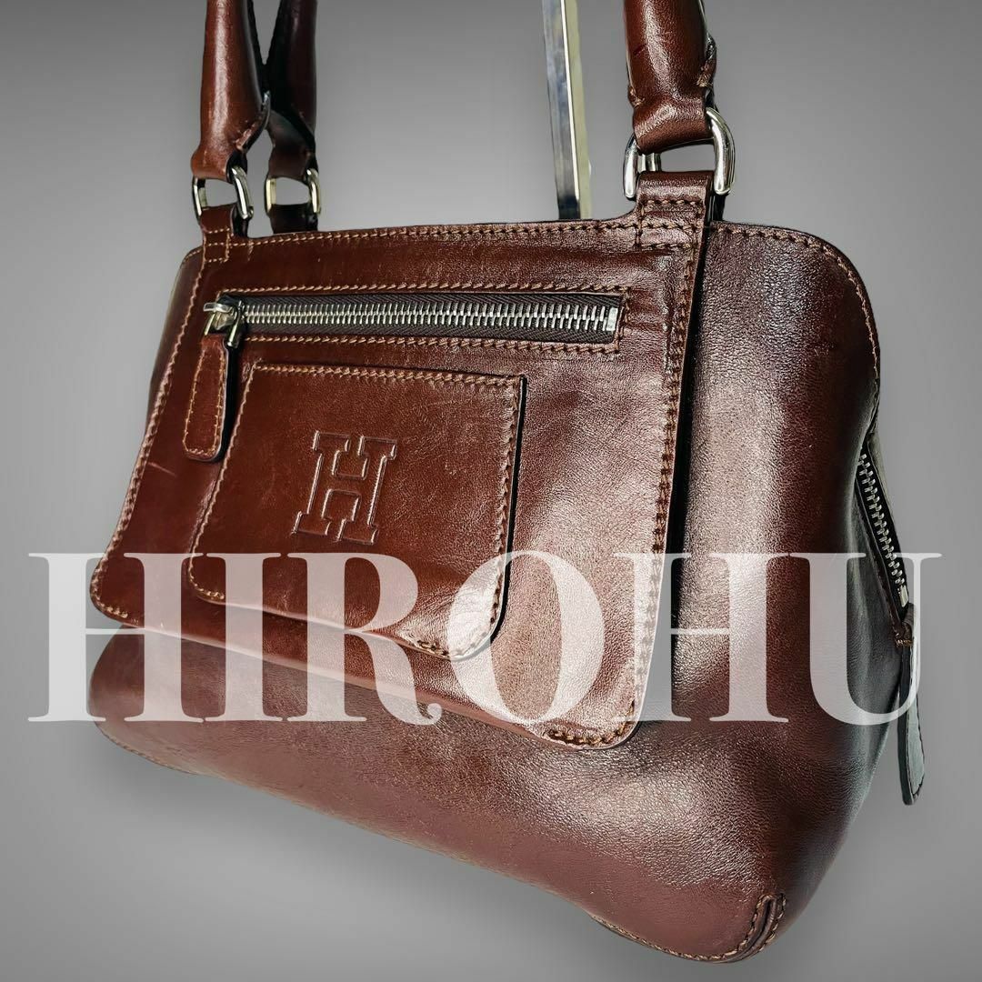【美品】HIROFU　ヒロフ　イタリア製　ハンドバッグ　デカロゴ　ブラウン
