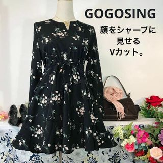 GOGOSING - GOGOSING 長袖ワンピース膝丈　フレアースカート　黒花柄　フリーサイズ