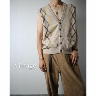 アートヴィンテージ(ART VINTAGE)の【vintage】カシミヤ×ウール チェック風 デザイン ニット ベスト L(ニット/セーター)