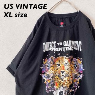 ヘインズ(Hanes)のUS古着　半袖Tシャツ　ビッグプリント　動物　ヒョウ　男女兼用　黒色　XLサイズ(Tシャツ/カットソー(半袖/袖なし))