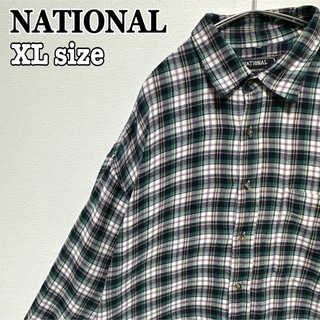 NATIONAL フランネルシャツ チェック オーバーサイズ 長袖 緑 海外古着(シャツ)