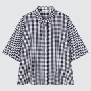 ユニクロ(UNIQLO)のUNIQLO コットンチェックシャツ（5分袖）Sサイズ ネイビー(シャツ/ブラウス(半袖/袖なし))