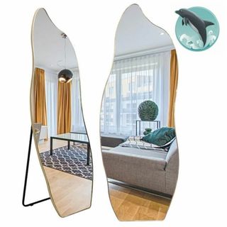 スタンドミラー 姿見鏡全身鏡 イルカ形180cmx60cm ゴールド アルミ合金