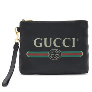 美品】GUCCI クラッチバッグ オールレザー 持ち手有り ブラック ロゴ金具-