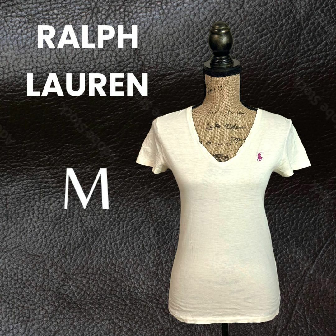 POLO RALPH LAUREN(ポロラルフローレン)の【RALPH LAUREN】コットンＶネックTシャツ　ロゴ刺繍　薄イエロー　M レディースのトップス(Tシャツ(半袖/袖なし))の商品写真