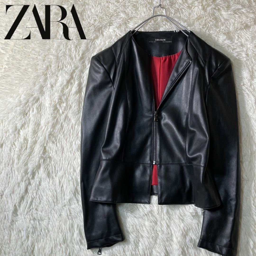 美品 ZARA ザラ フェイクレザー ノーカラージャケット L 裏地赤ジャケット/アウター