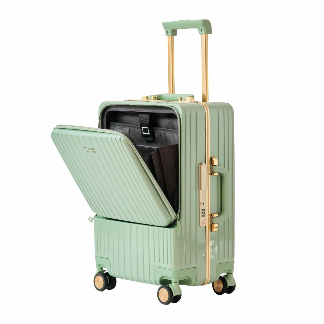 【色: グリーン】【RIOU】スーツケース フロントオープン 機内持込 アルミフ