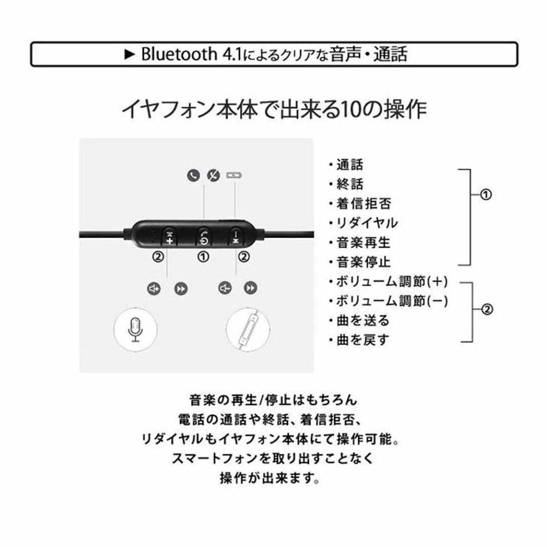 マグネットイヤホン ワイヤレスイヤホン スポーツに最適なタイプ ●ブラック スマホ/家電/カメラのオーディオ機器(ヘッドフォン/イヤフォン)の商品写真