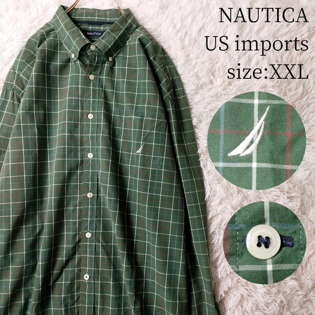 US輸入 NAUTICA 長袖BDシャツ チェック柄 グリーン XXLサイズ