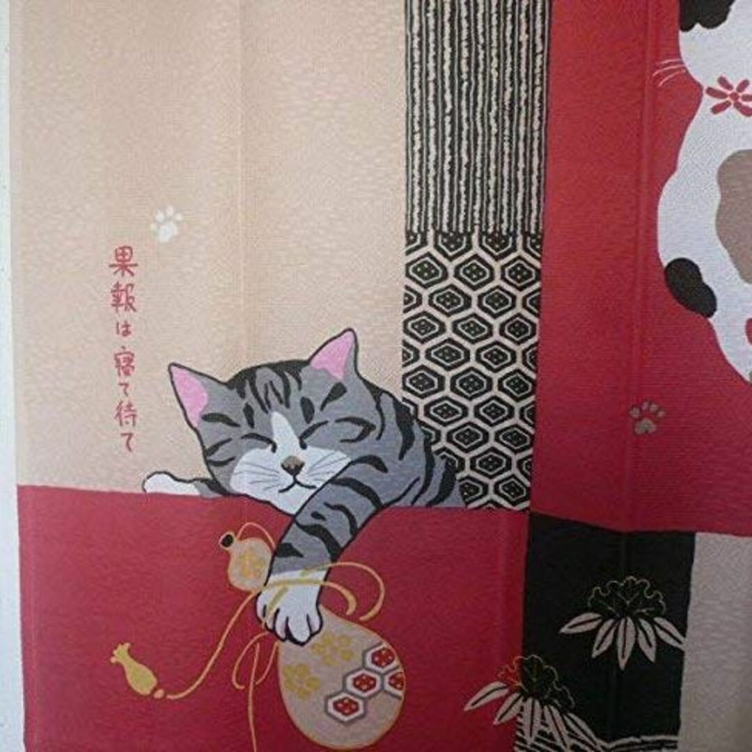 猫柄のれん幅85×170cm丈ロングサイズ 和風貼り絵七福ねこ REDcsm-1 2