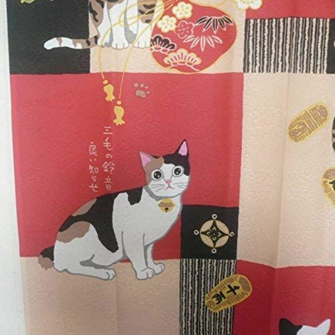 猫柄のれん幅85×170cm丈ロングサイズ 和風貼り絵七福ねこ REDcsm-1 5