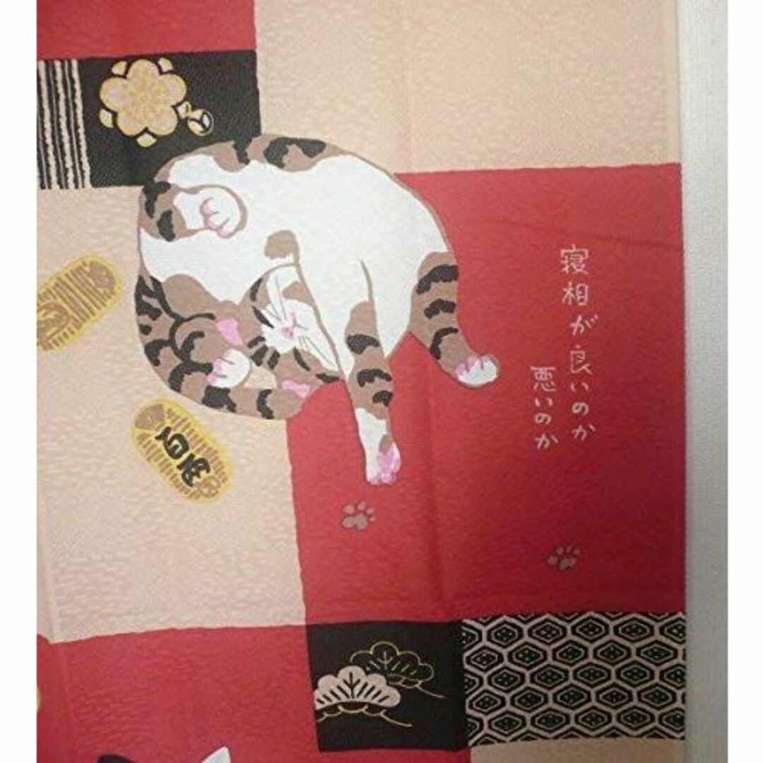 猫柄のれん幅85×170cm丈ロングサイズ 和風貼り絵七福ねこ REDcsm-1 7