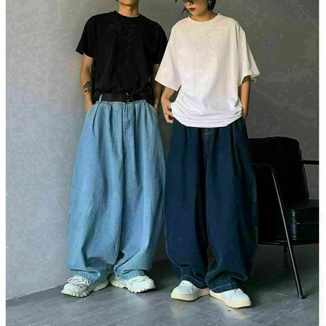 ワイド ルーズ デニム ジーンズ XL ライトブルー ユニセックス 新品 レディースのパンツ(デニム/ジーンズ)の商品写真