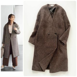 美品【PLST】プラステ　ノーカラーツイード　ロングコート　S