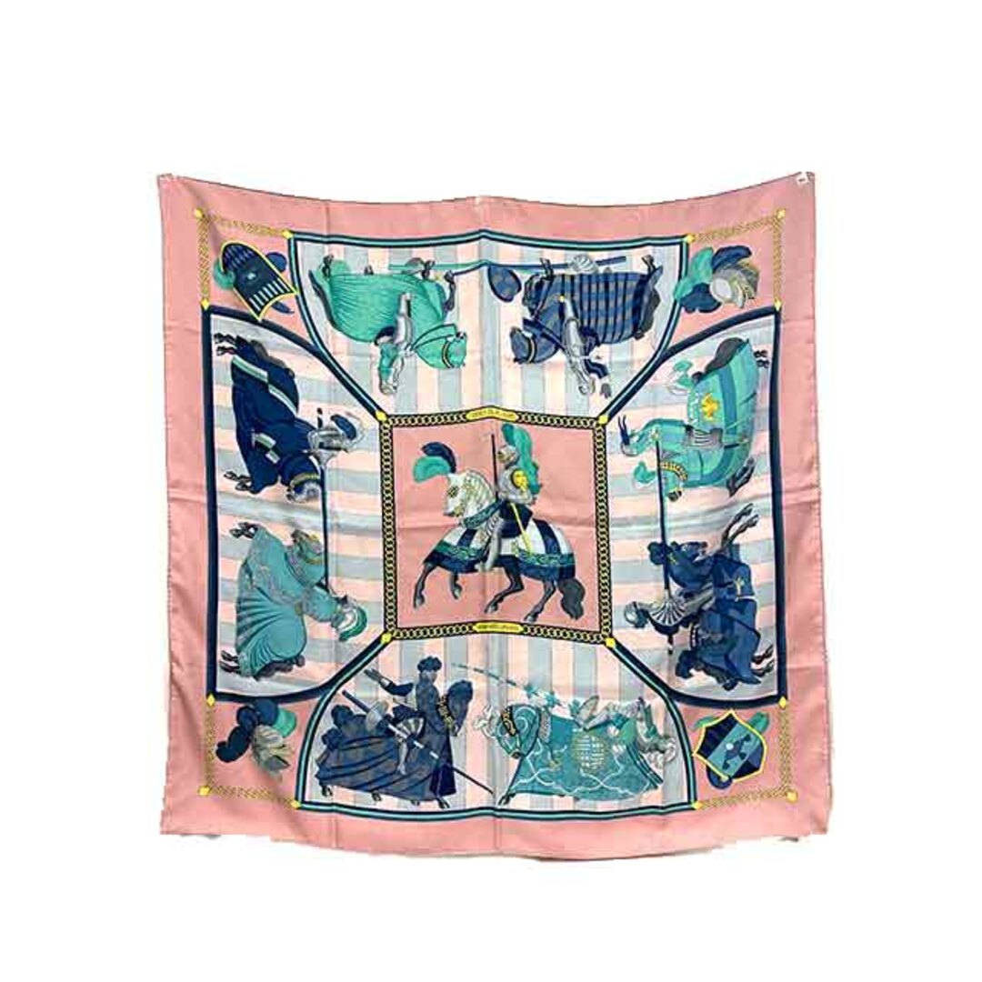 【難あり】 HERMES エルメス スカーフ レディース カレ90 CHOCS EN PLUMES 羽飾りの激突 馬 騎士 鎧 シルク100% ピンク