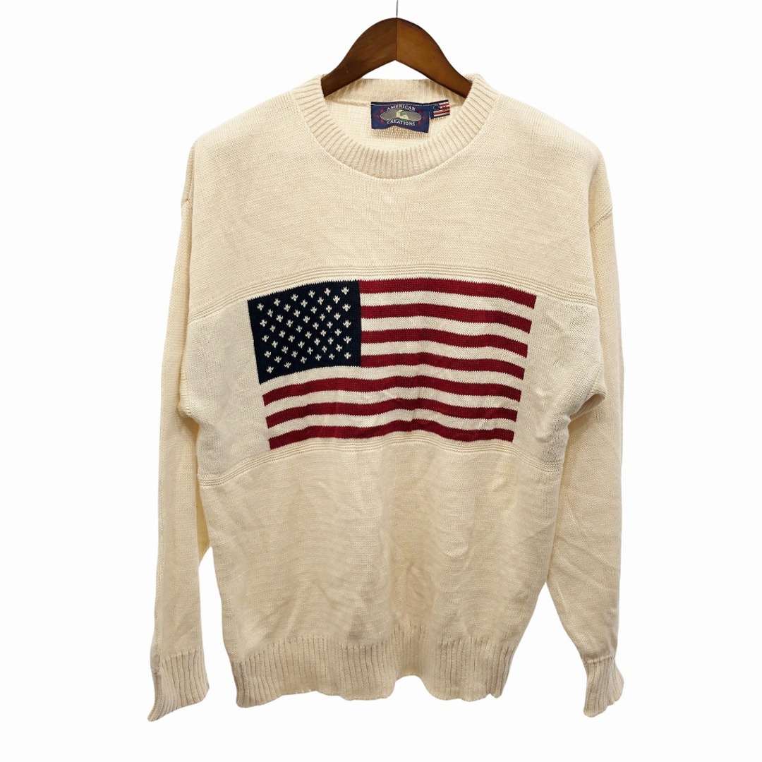 USA製 AMERICAN CREATIONS コットン ニット セーター アメカジ 星条旗 アイボリー (メンズ M)   O8488