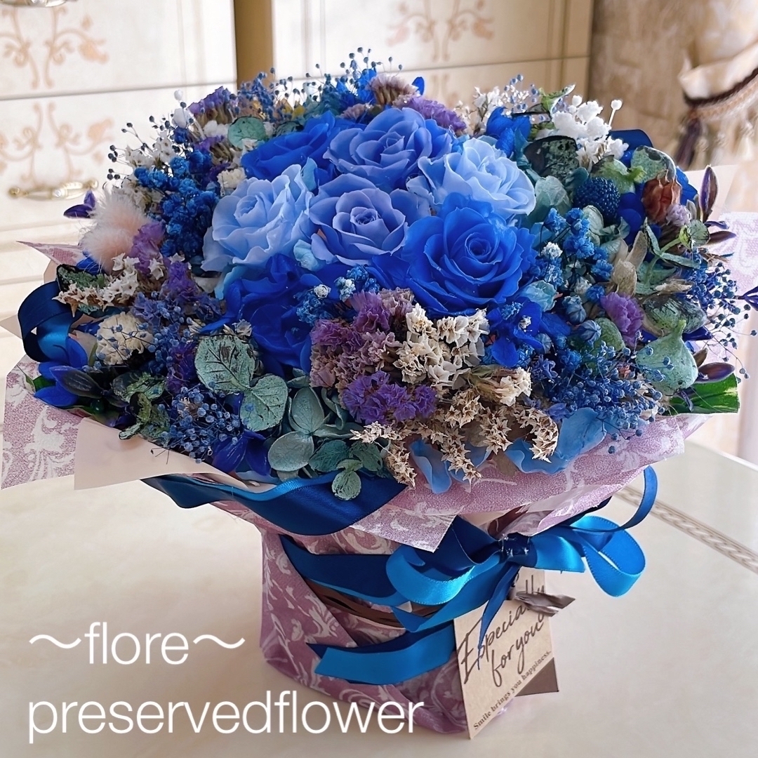 特大✨大人気！青＆紫ミックスバラ6本プリザ花束アレンジ✨ラッピングのまま飾れます