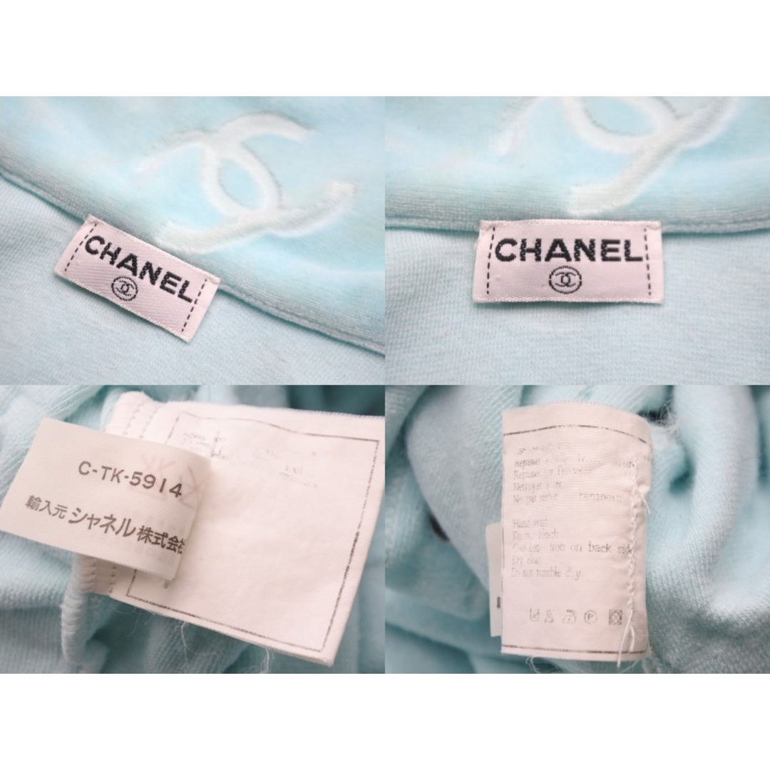 CHANEL(シャネル)のCHANEL シャネル ヴィンテージ ボタン半袖Ｔシャツ ベロア ココマーク 総柄 スカイブルー サイズ38 美品 中古 56200 レディースのトップス(Tシャツ(半袖/袖なし))の商品写真