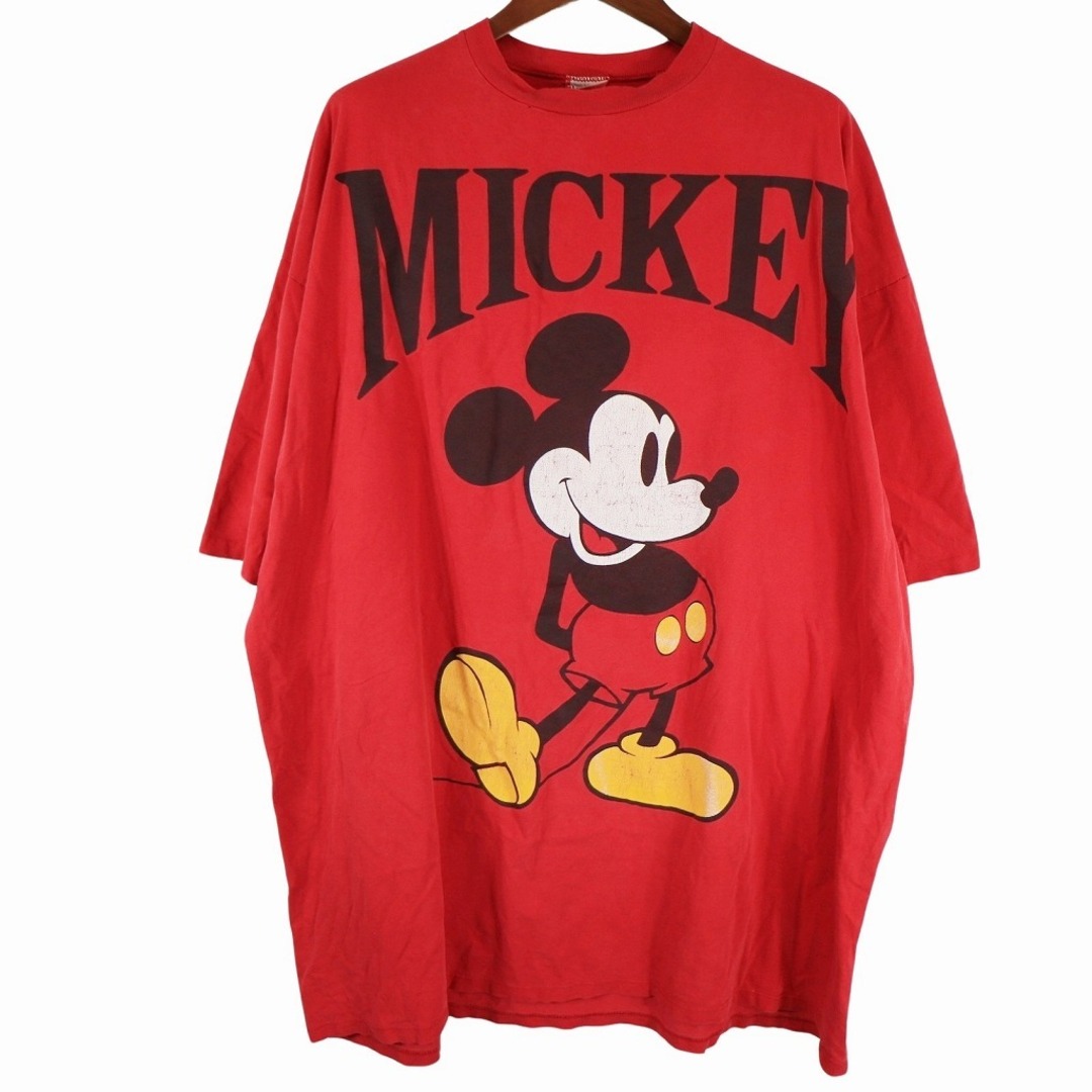 Disney(ディズニー)の90年代 USA製 Disney ディズニー ミッキープリント 半袖Ｔシャツ 大きいサイズ レッド (メンズ ONE SIZE FITS ALL) 中古 古着 O8990 メンズのトップス(Tシャツ/カットソー(半袖/袖なし))の商品写真