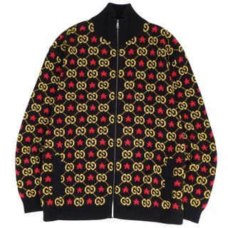 グッチ(Gucci)の極美品 グッチ GUCCI ニット ブルゾン 20AW ジップアップ ドライバーズニット GGロゴ スター総柄 コットン アウター メンズ XL ブラック/イエロー/レッド(ブルゾン)