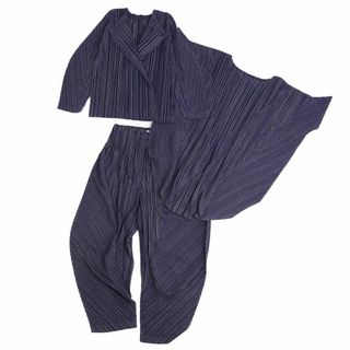 プリーツプリーズイッセイミヤケ(PLEATS PLEASE ISSEY MIYAKE)の美品 プリーツプリーズ イッセイミヤケ PLEATS PLEASE 3点セット セットアップ 3ピース カーディガン ブラウス パンツ プリーツ レディース 3(L相当) ネイビー(スーツ)