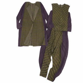 プリーツプリーズイッセイミヤケ(PLEATS PLEASE ISSEY MIYAKE)の美品 プリーツプリーズ イッセイミヤケ PLEATS PLEASE セットアップ 3ピース カーディガン ブラウス パンツ プリーツ レディース 3(L相当) ボルドー/グリーン(スーツ)