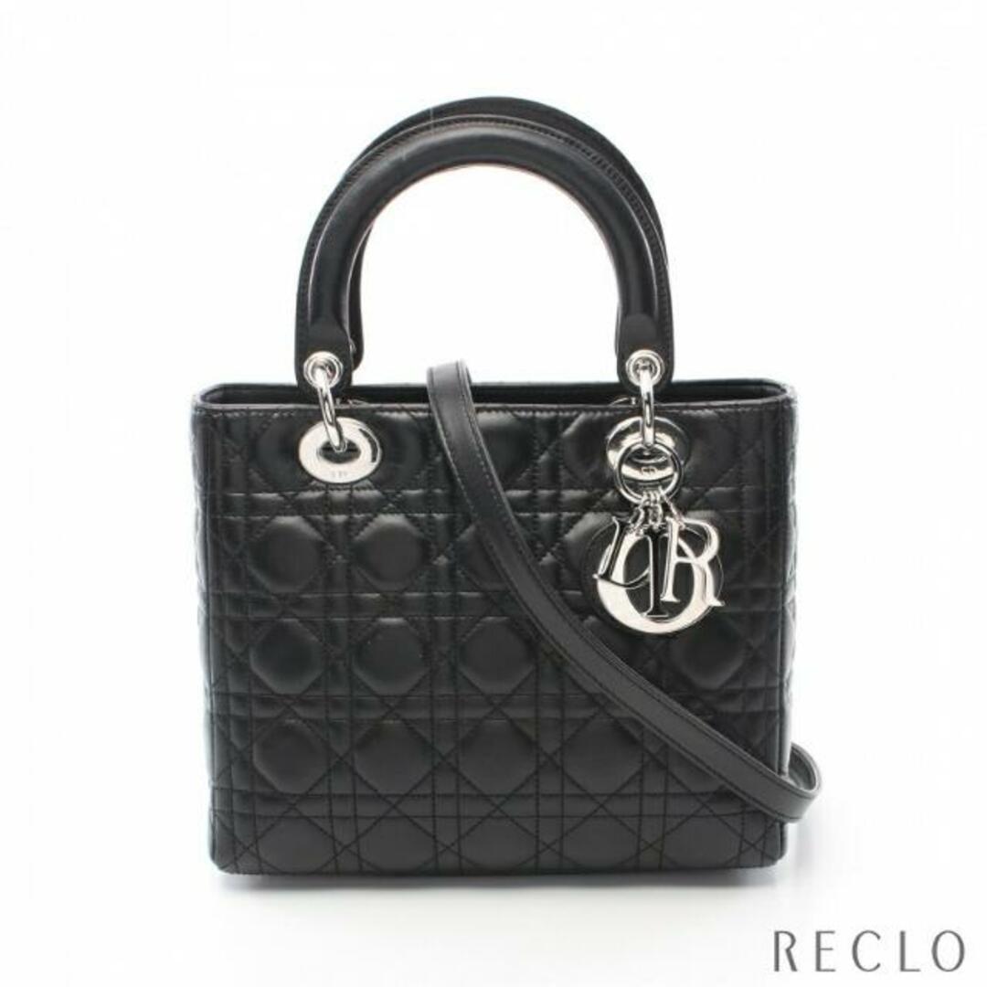 20cm横LADY DIOR レディディオール カナージュ ミディアム ハンドバッグ レザー ブラック 2WAY