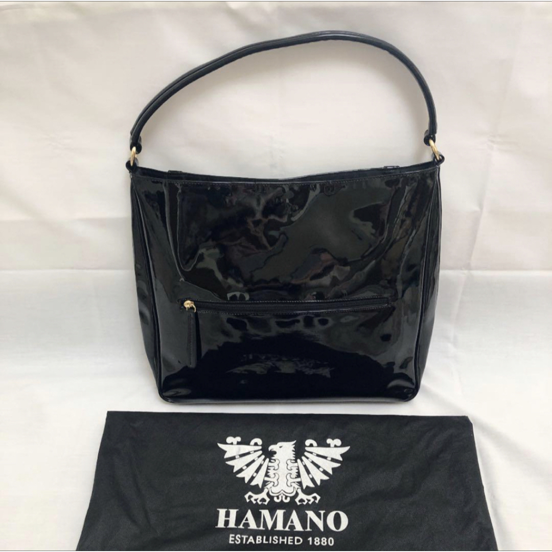 濱野皮革工藝/HAMANO(ハマノヒカクコウゲイ)のHAMANO 濱野 ハマノ セミショルダーバッグ　エナメル　ブラック レディースのバッグ(トートバッグ)の商品写真