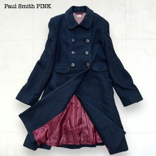 ポールスミス(Paul Smith)の美品＊ポールスミス ツイード調 ダブル 牛革 ロングコート 紺 裏地ボルドー(ロングコート)