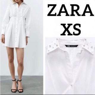 ザラ(ZARA)のパールビーズアップリケ　ポプリンワンピース(ひざ丈ワンピース)